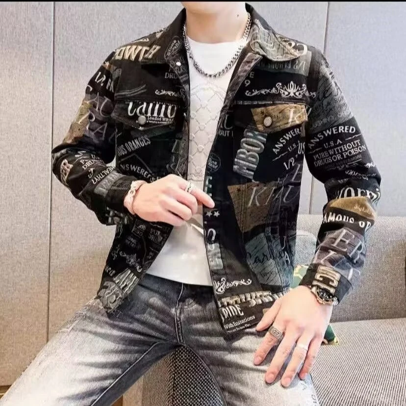 男士春秋季潮流休闲修身夹克帅气个性印花韩版百搭牛仔外套男款