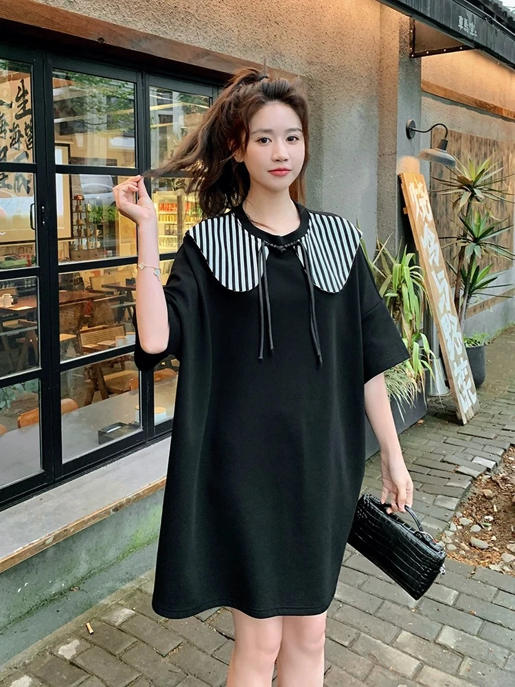 E046娃娃领斜肩斜襟时尚不褪色中长款连衣裙polo韩版条纹