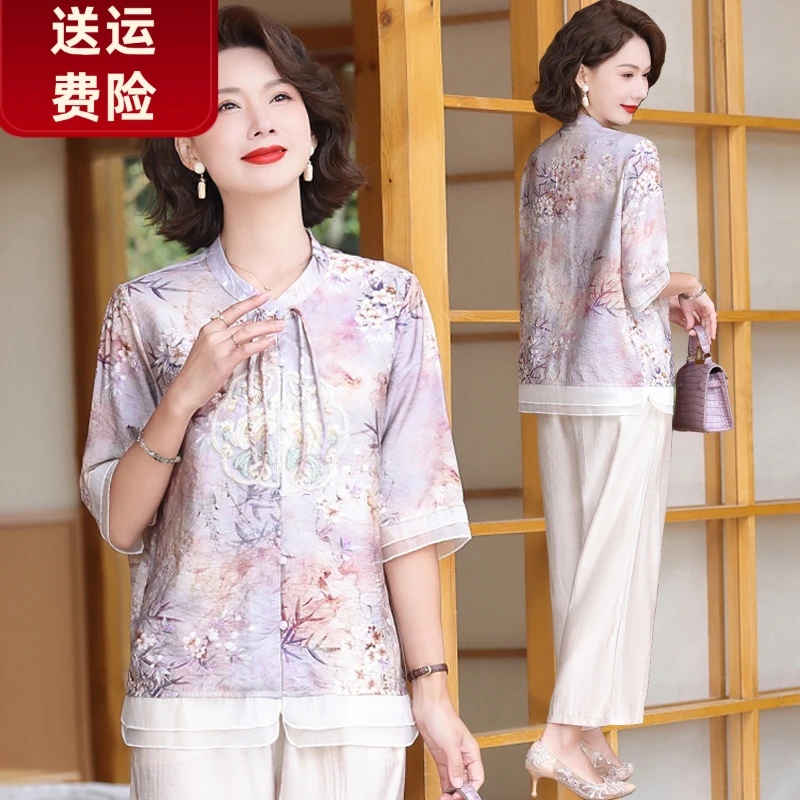 2025新款妈妈新款洋气国风新中式短袖棉麻套装中老年女恤衬衫上衣
