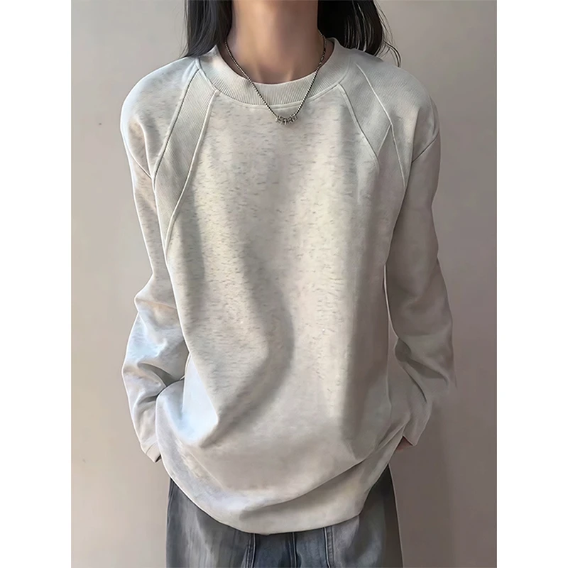 白花灰美式拼接长袖t恤男款秋季重磅圆领boxy卫衣正肩内搭打底衫