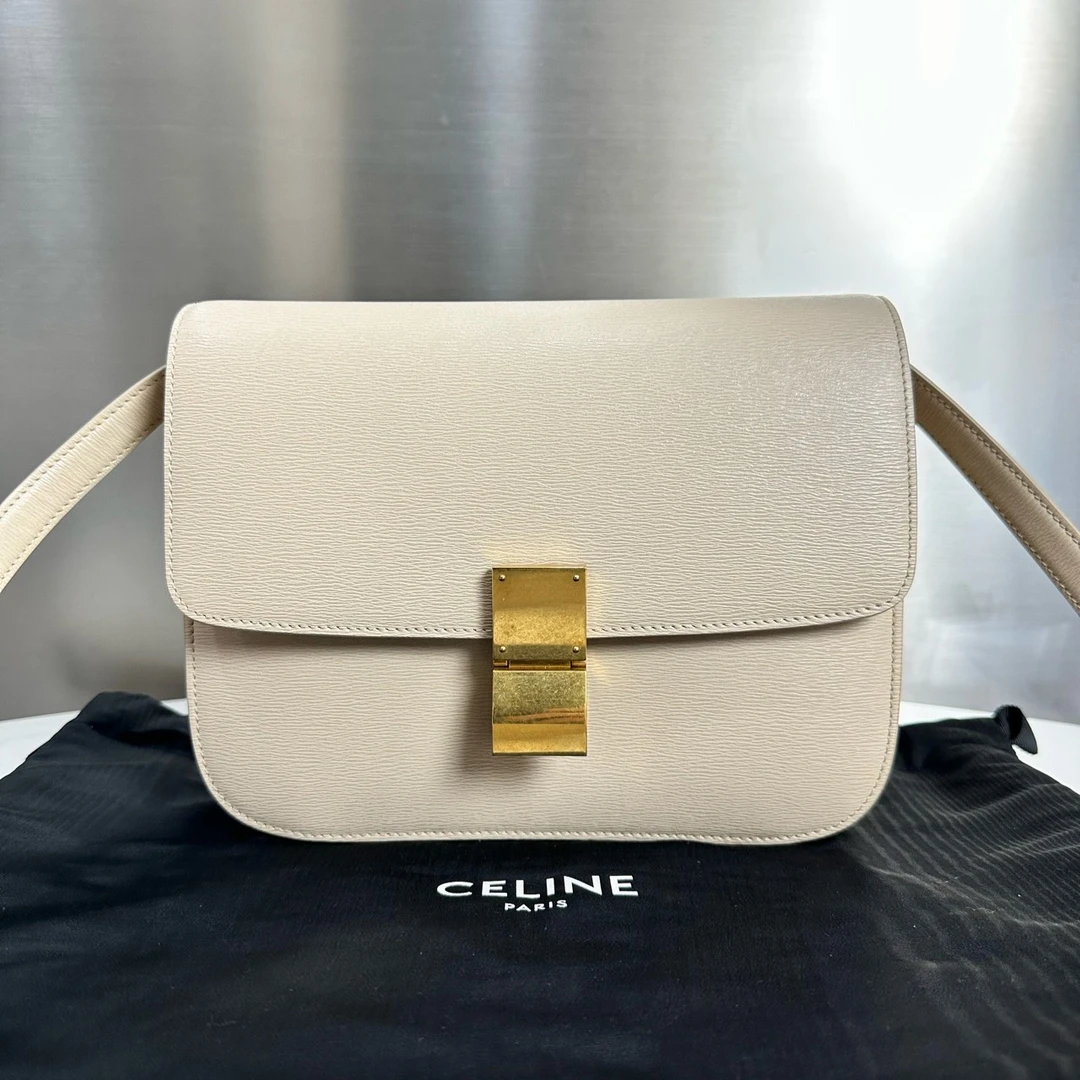 95新 Celine/思琳 中号米色经典豆腐方块包单肩包斜挎13841504