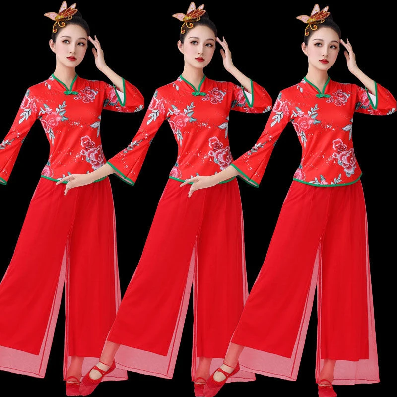 10号广场舞服装女春秋民族风立领花朵舞蹈演出服中老年扇子舞衣