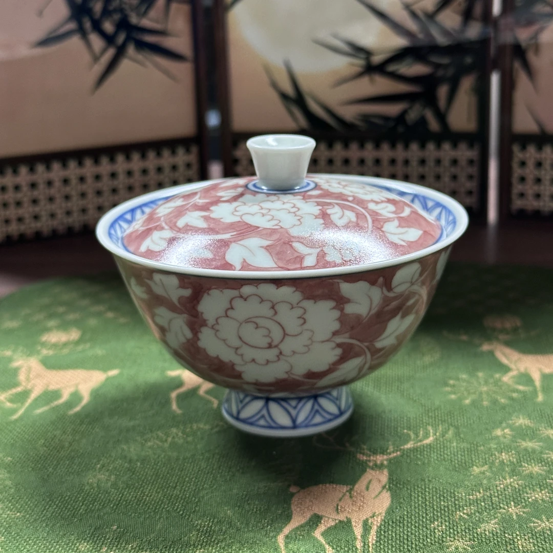 【雨溪山房】枢府釉青花洛川牡丹手工两才盖碗YX367