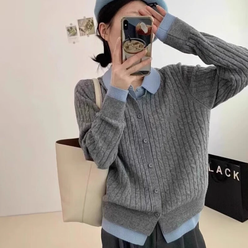 2025年春秋新款polo领长袖针织衫假两件拼接设计感洋气百搭针织衫