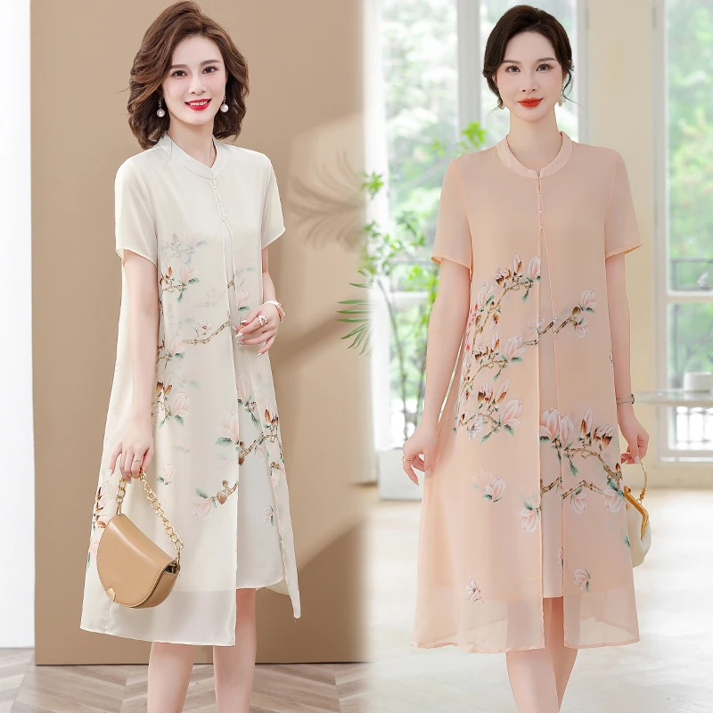 妈妈夏装气质国风中长款连衣裙中年女改良旗袍中老年宽松大码裙子