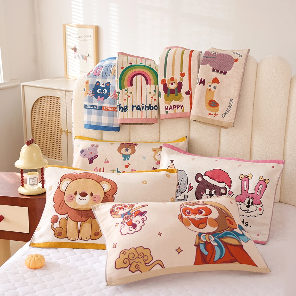八层加厚纯棉面料纱布儿童枕巾单人家用卡通柔软透气宝宝枕头盖巾