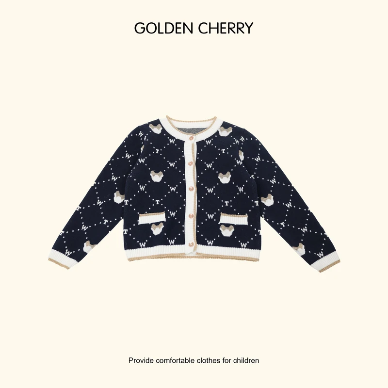 【Golden cherry】女童藏青色小熊针织洋气开衫QS053