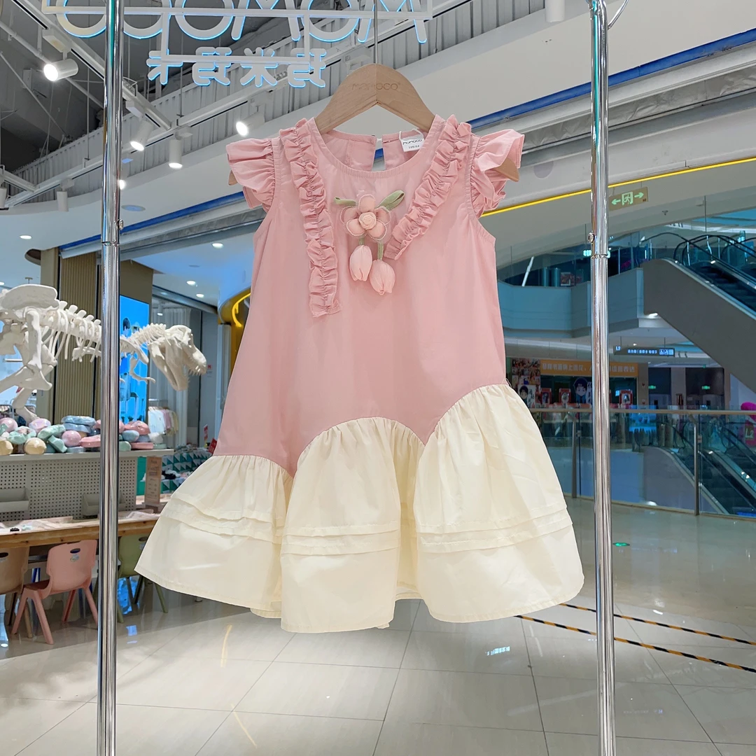 MOMOCO女童夏季时尚洋气粉色立体花朵甜美花边连衣裙77630476024