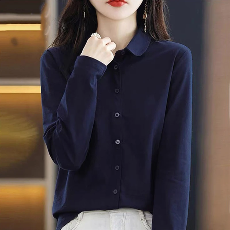 长袖T恤衬衫2025秋季新款polo领上衣纯棉衬衣开衫设计感通勤纽扣