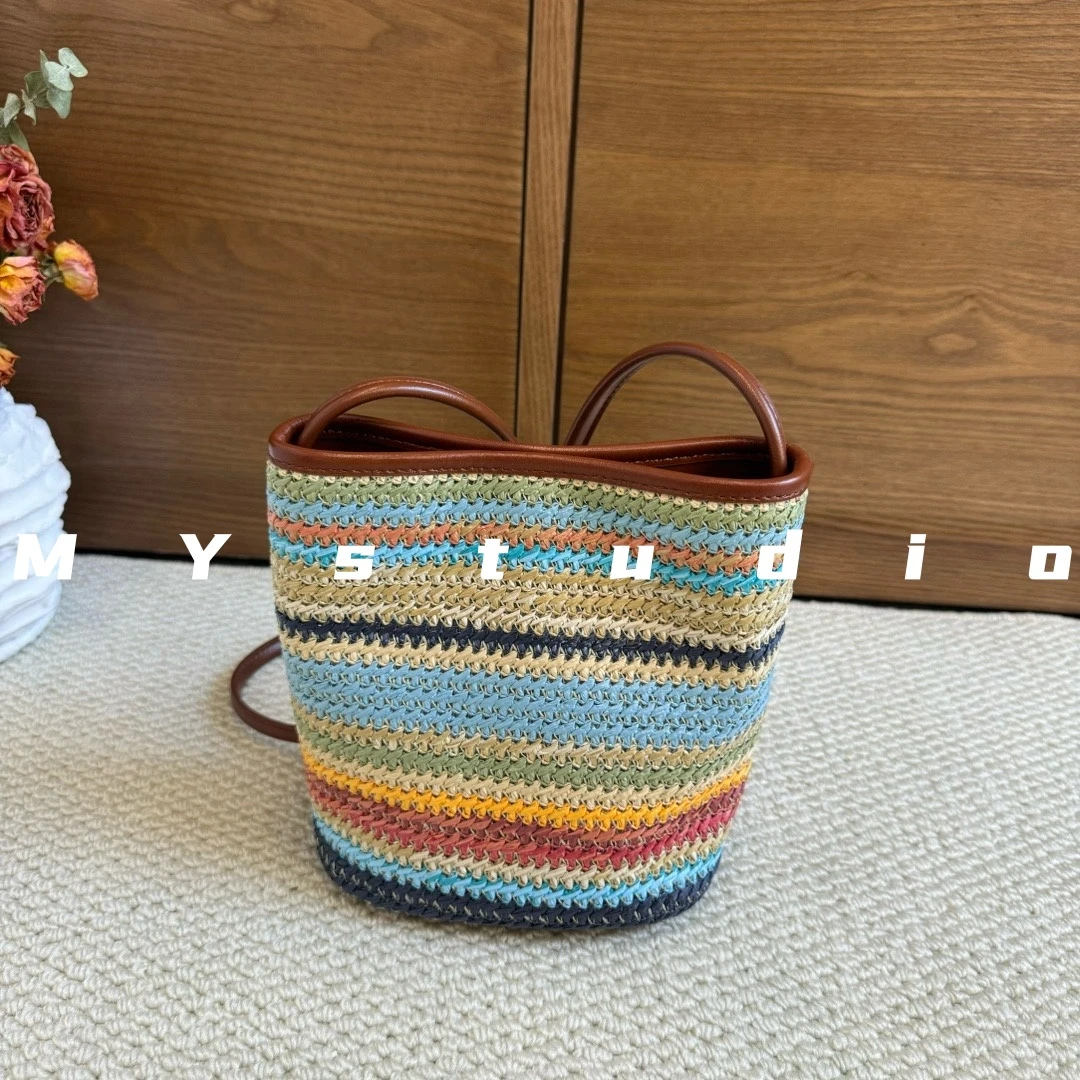 MYstudio｜彩虹包~民族风撞色复古时尚水桶包沙滩斜跨单肩包