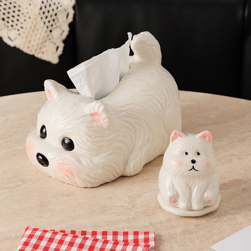 可爱西高地狗狗纸巾盒家用客厅创意陶瓷桌面装饰牙签筒摆件抽纸盒