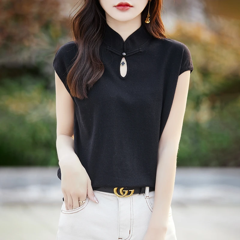 哥弟阿玛施正品夏季新中式立领针织短袖纯色气质显瘦t百搭大码女