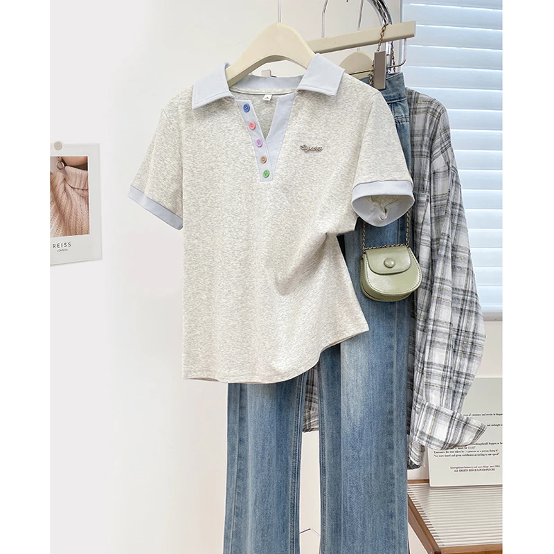 彩色纽扣polo领短袖T恤衫2025韩版正肩V领显瘦女装时尚大码上衣夏