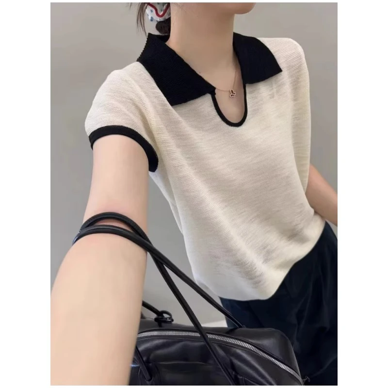 竹节麻polo领撞色针织短袖上衣女2025夏季新时尚小众别致短款t恤