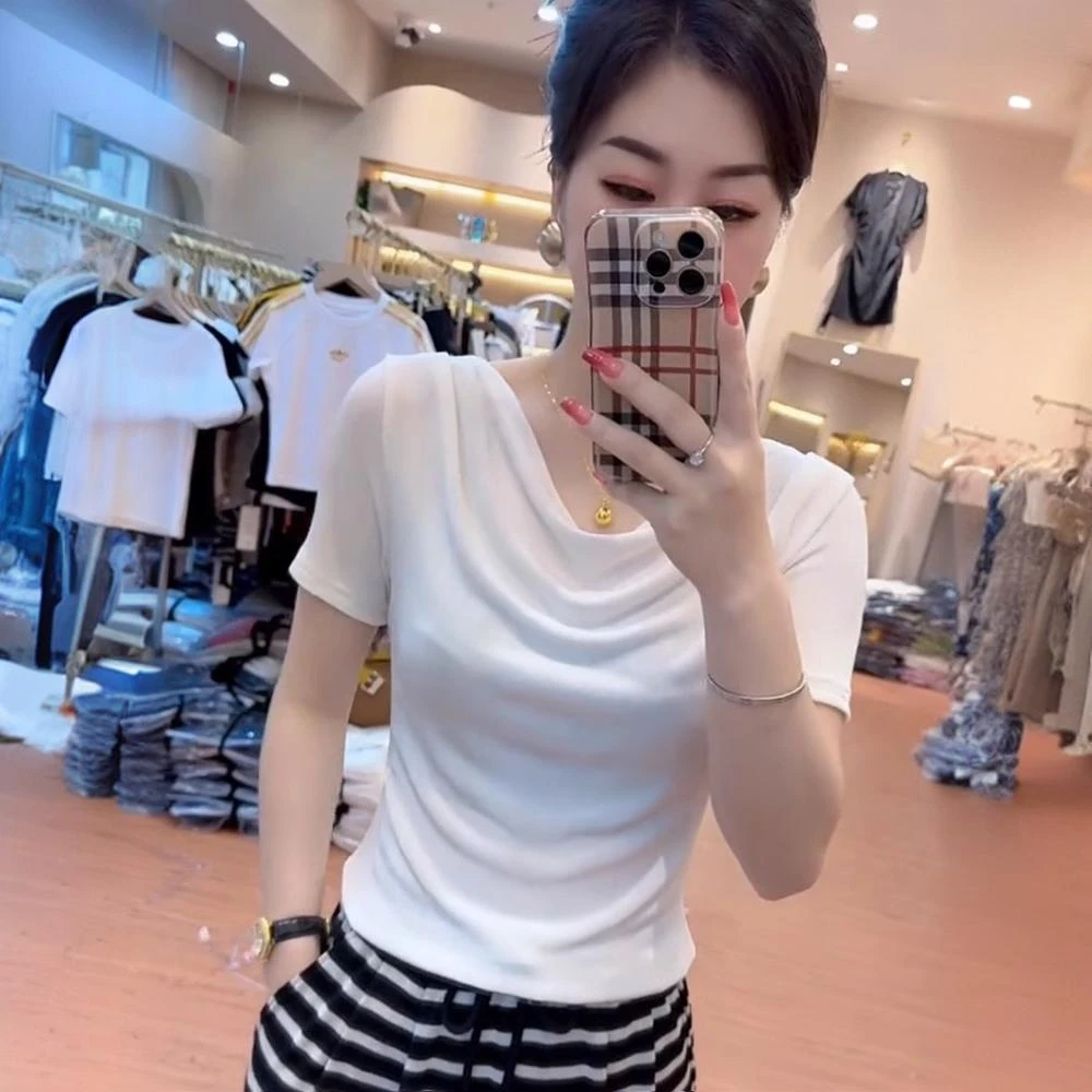 2025夏季新款时尚荡领洋气设计感短袖T恤女修身显瘦百搭打底上衣