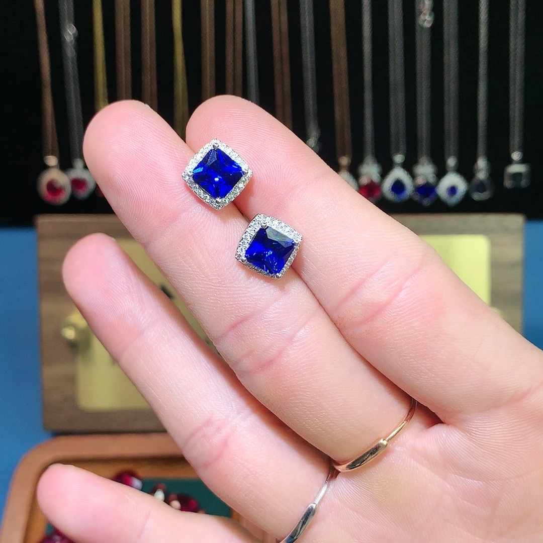 蓝宝石耳饰银S925镶嵌