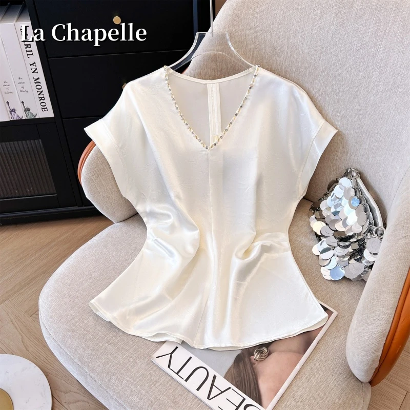 拉夏贝尔法式钉珠V领醋酸无袖上衣女新款高级感气质减龄收腰背心