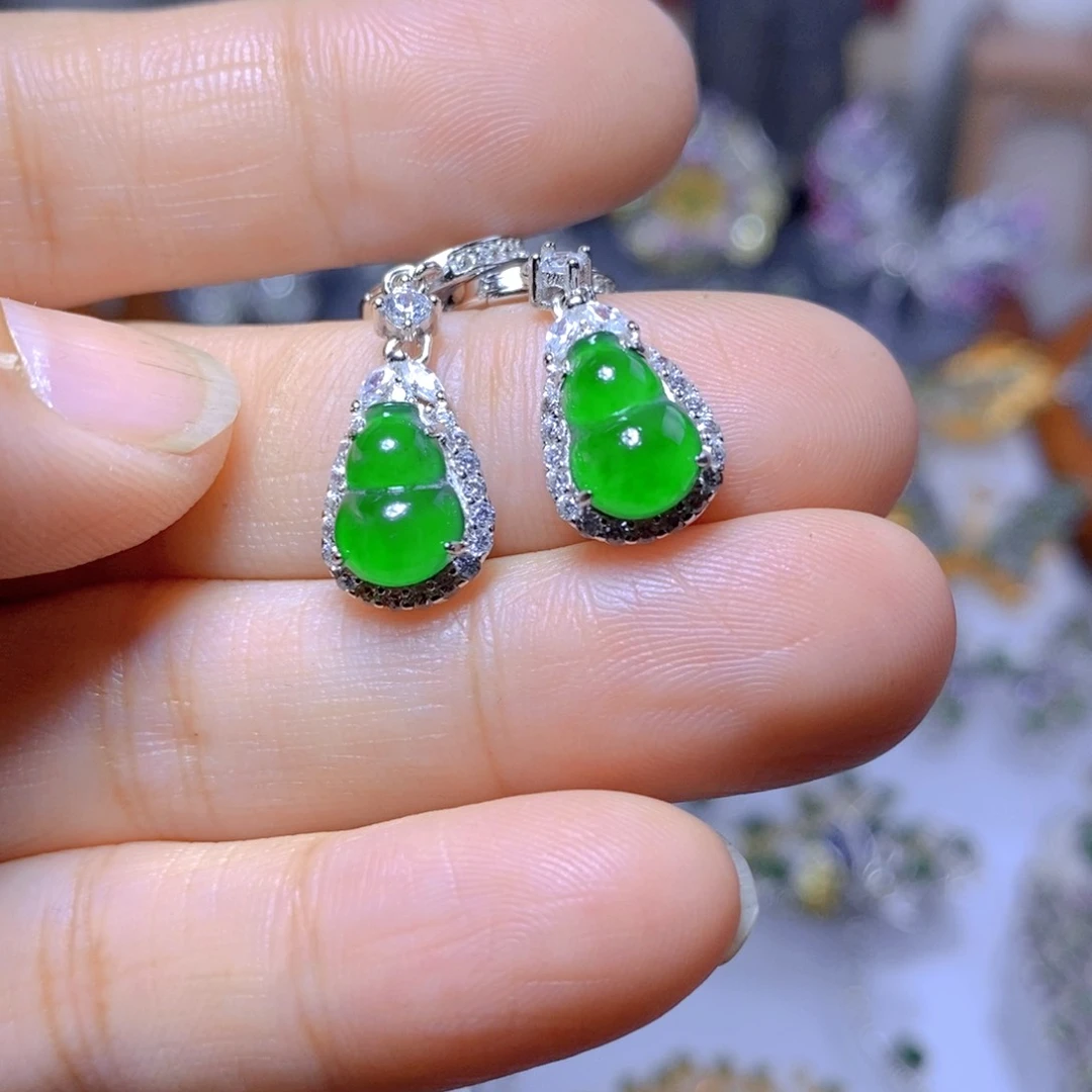 翡翠耳钉银S925镶嵌天然翡翠