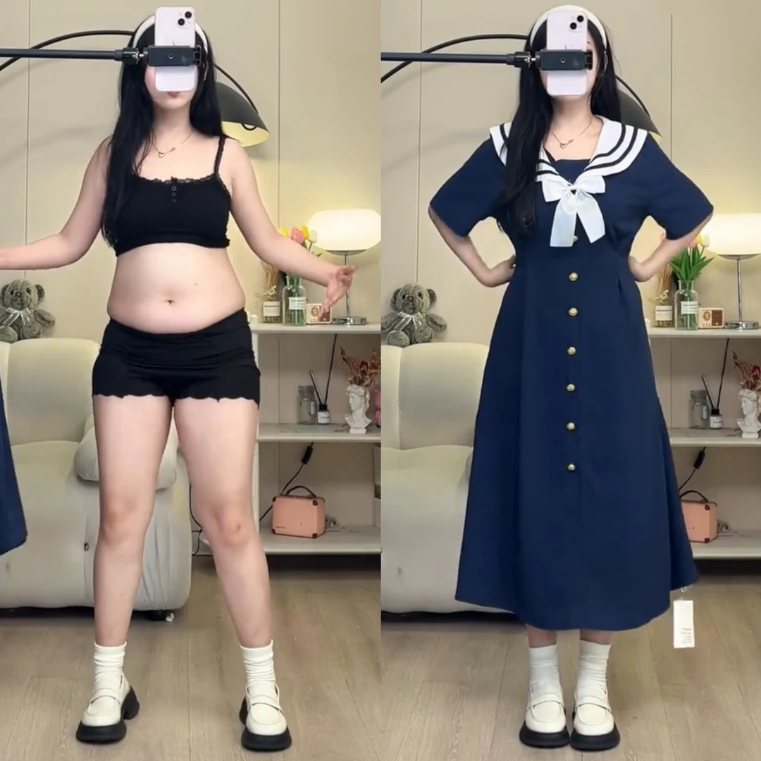 大码学院风短袖连衣裙女夏季收腰A字气质短裙胖MM刺绣设计感裙子