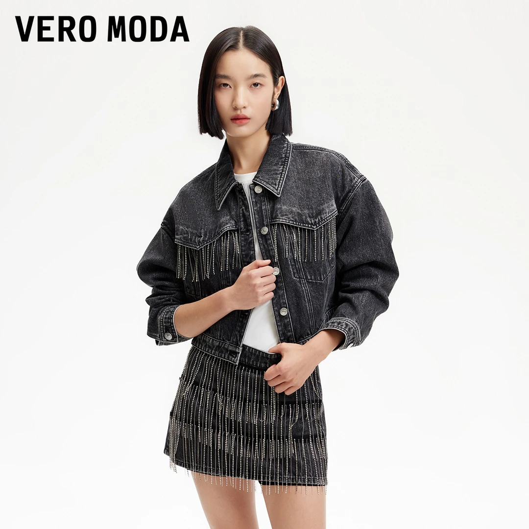 Vero Moda外套女装亮钻流苏磨白做旧牛仔外套百搭流光风325157005