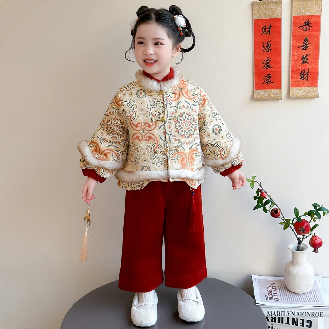 女童洋气拜年服汉服冬季儿童中国风唐装加厚套装宝宝中式喜庆礼服