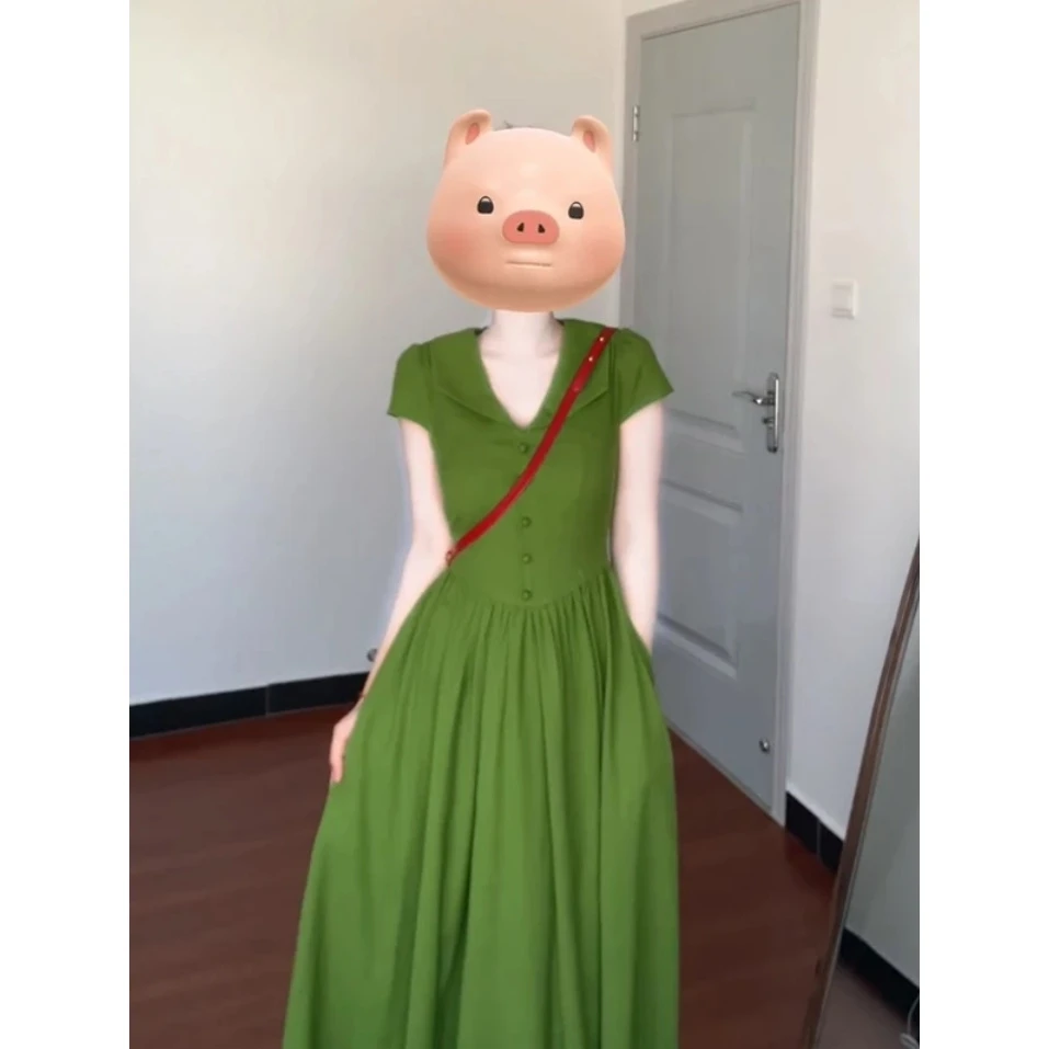 Wild Spicy Girl野生辣妹款法式气质翻领短袖收腰褶皱中长款裙子