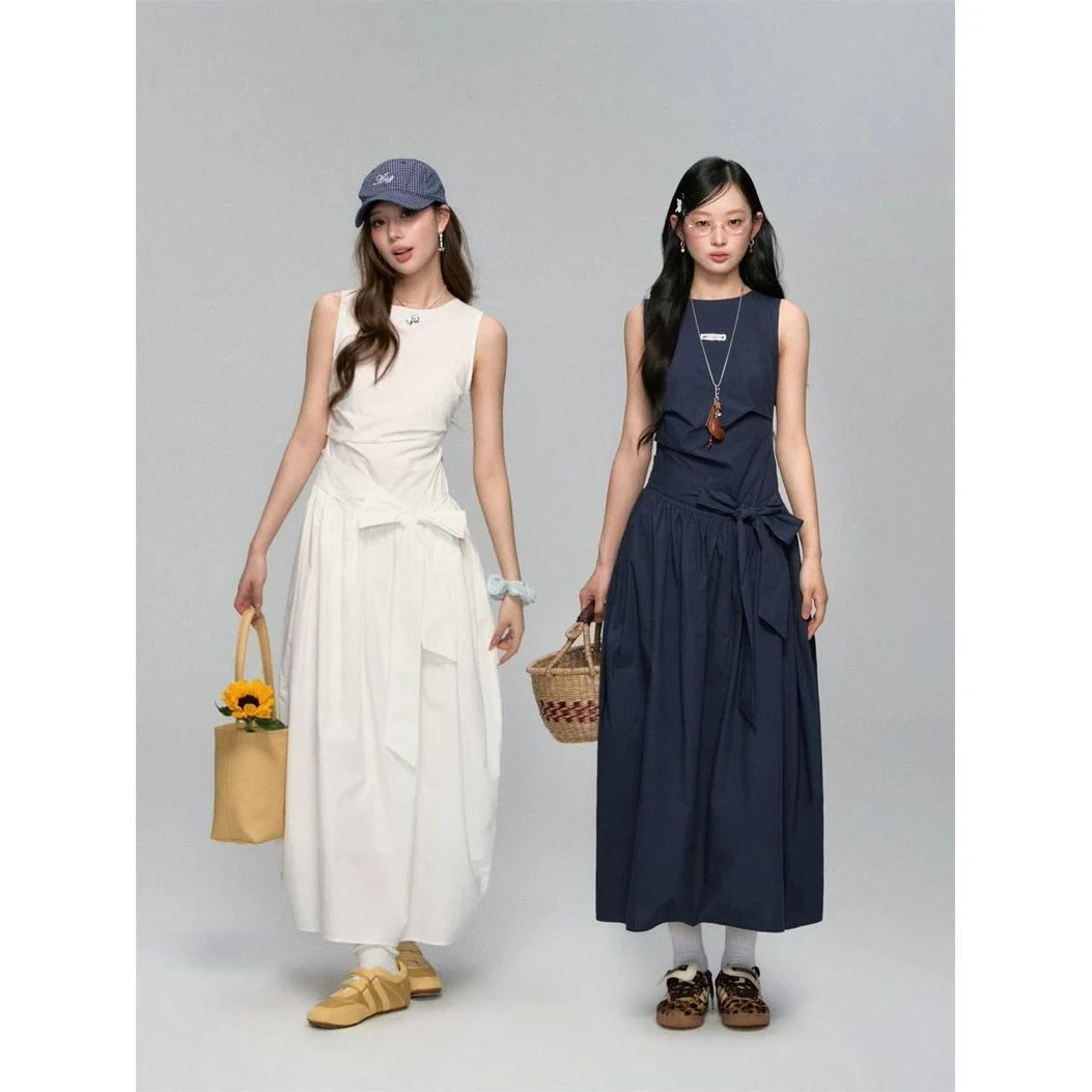 AsGony简约无袖绑带休闲连衣裙宽松显瘦气质航海系A字背心裙女夏