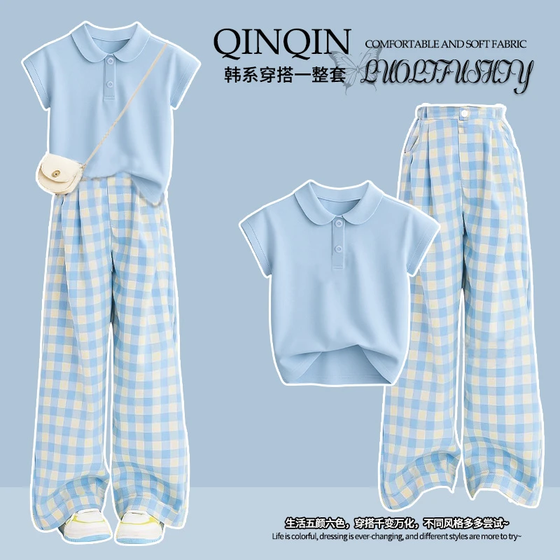 少女夏季蓝色阔腿裤套装2025新款青少年学院飞飞袖Polo领短袖T恤