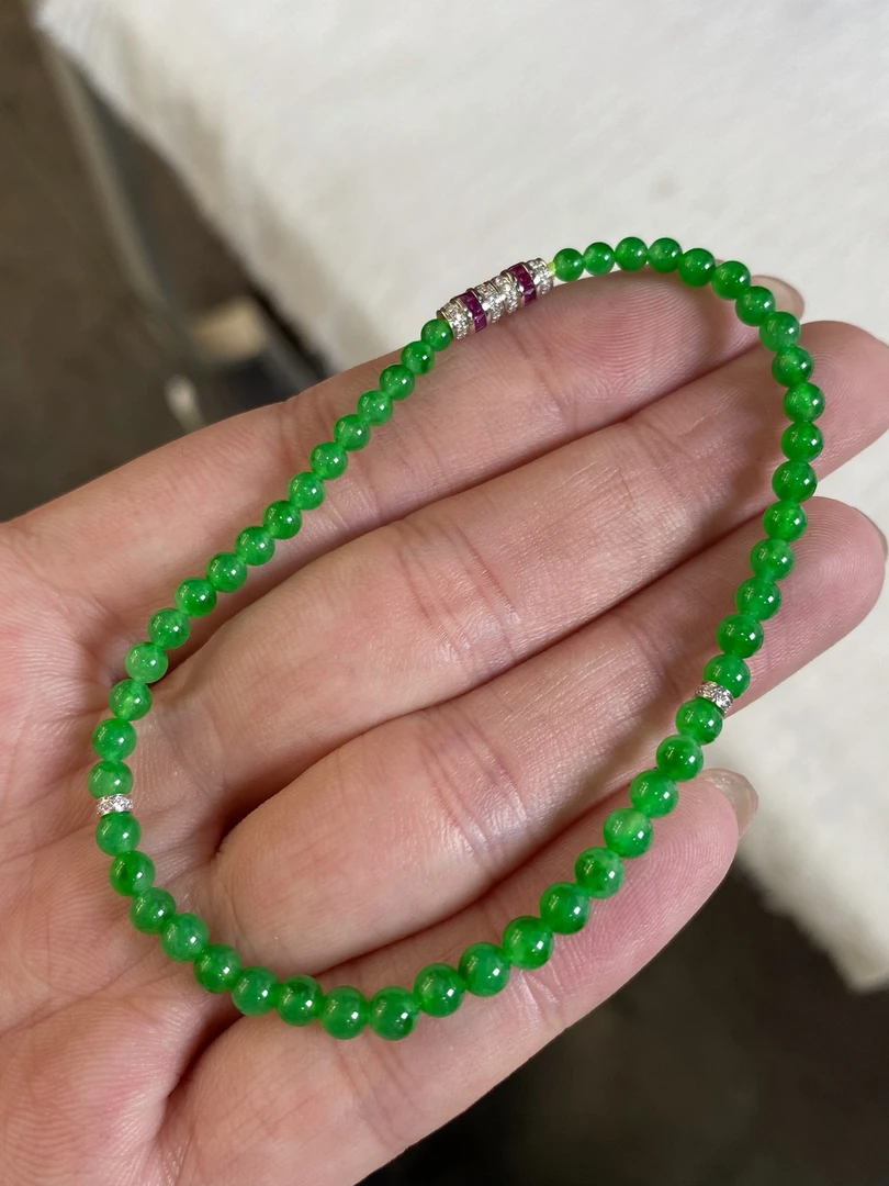 手5号 翡翠辣绿小米珠手串 种老色艳 18K金扣 尺寸3.8mm-3mm