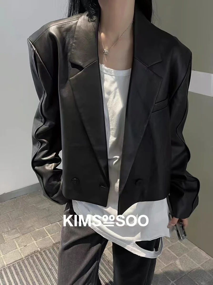 吉美•原创设计师款高级垫肩kimsoosoo特价福利皮衣外套