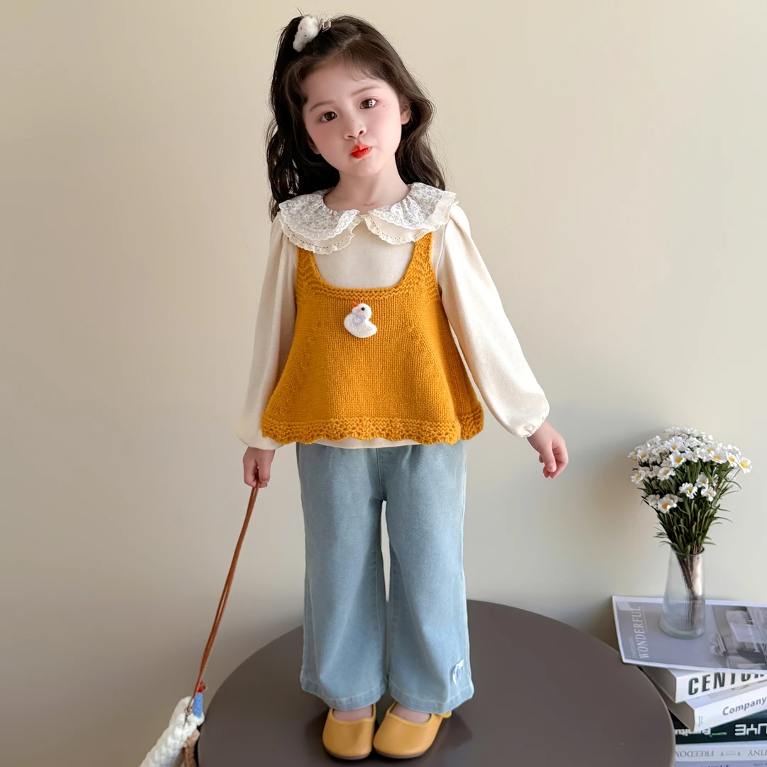 女童春秋套装洋气女宝宝秋季时尚娃娃领牛仔三件套小女孩秋装韩版