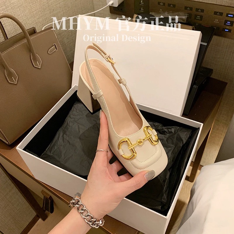 现货复古法式气质通勤马衔扣单鞋粗高跟小方头浅口玛丽珍鞋包头凉