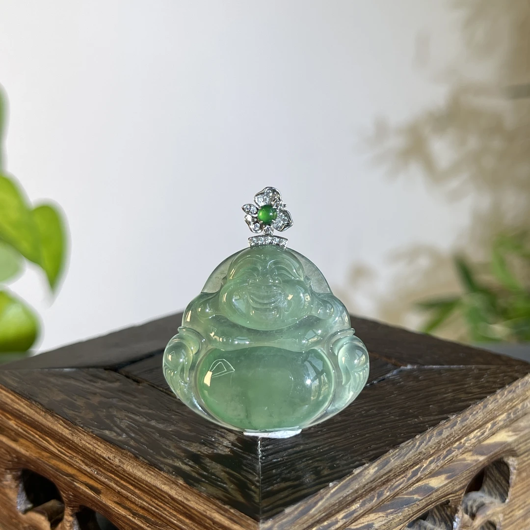 JTB17-215 天然缅甸A货翡翠  18K含钻扣佛公