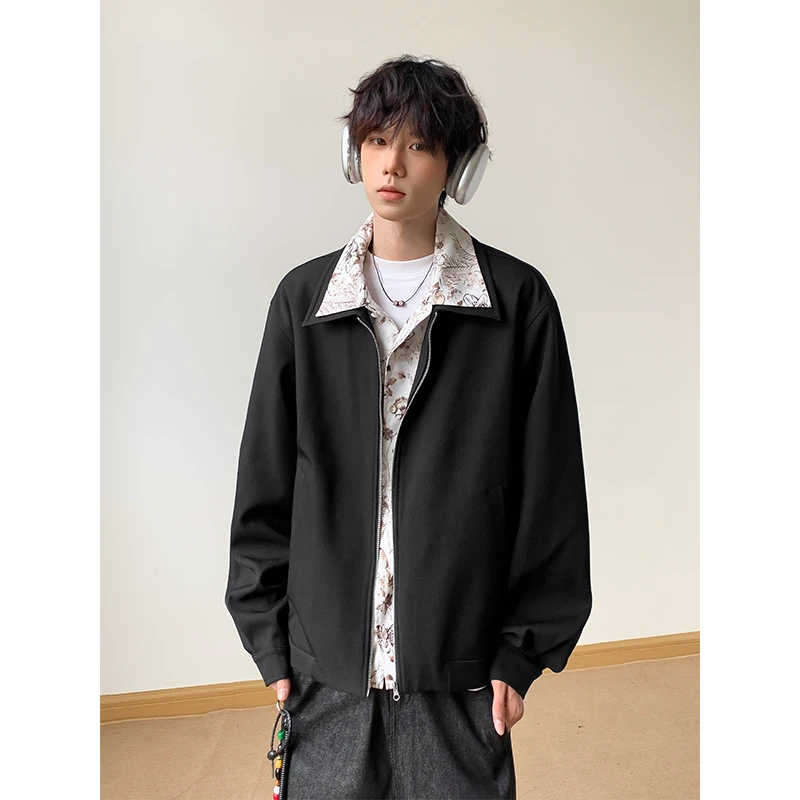 美式秋高街复古假两件痞帅百搭夹克男女同款时尚潮流纯色抗皱外套