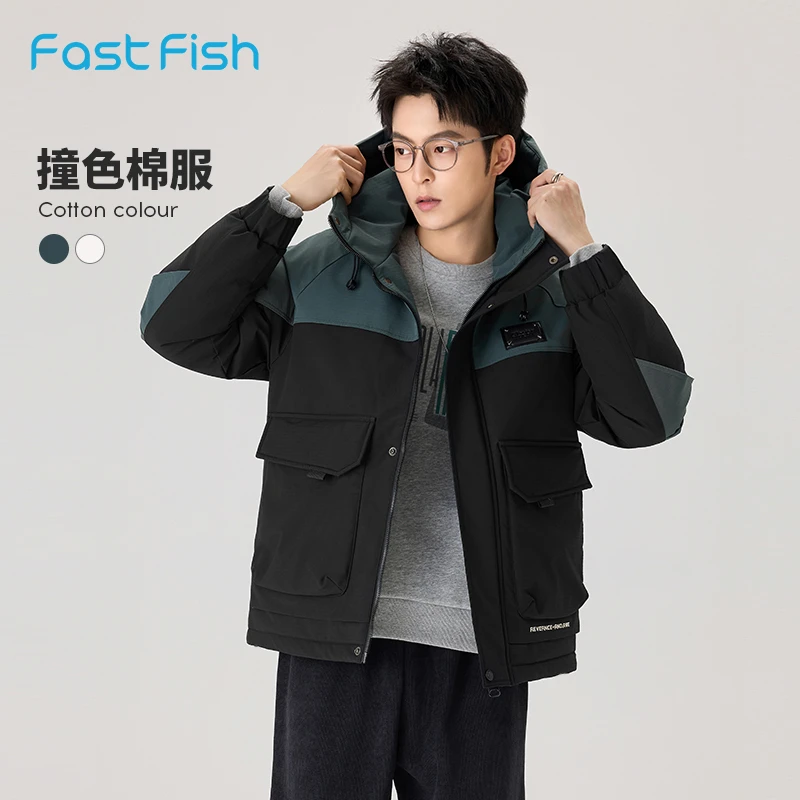 快鱼厚短款棉服男2024冬季新款拼色潮酷夹克宽松休闲户外耐穿外套