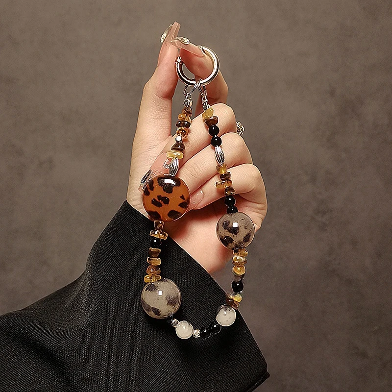 个性时尚豹纹串珠手机挂绳复古花纹短款手腕手提挂链结实防丢挂饰