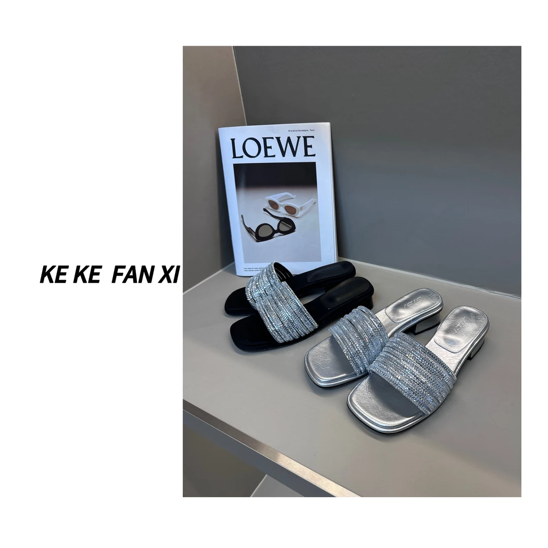 998水钻拖鞋夏季方头一字拖百搭露趾外穿时尚气质