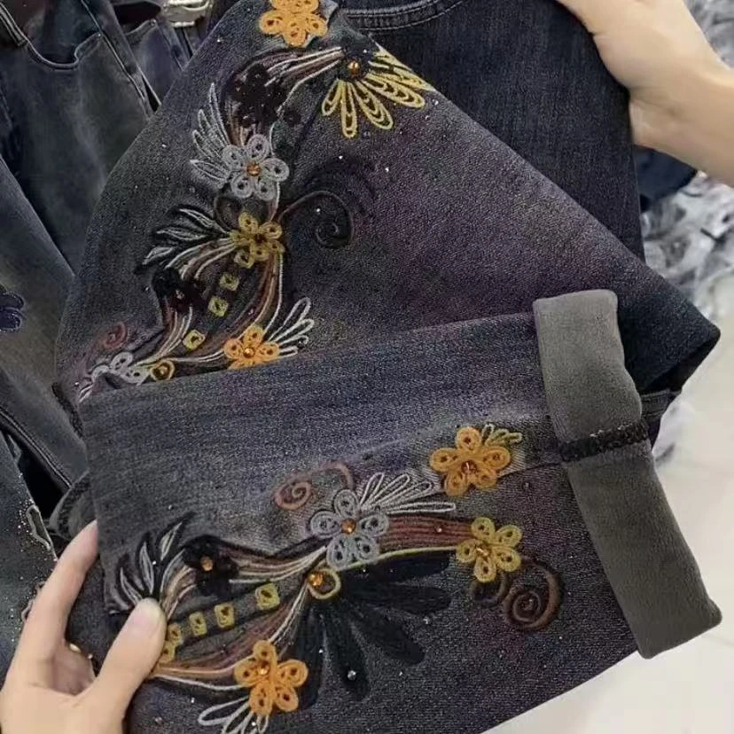 5373(加绒)重工艺牛仔老爹裤(无腰带)