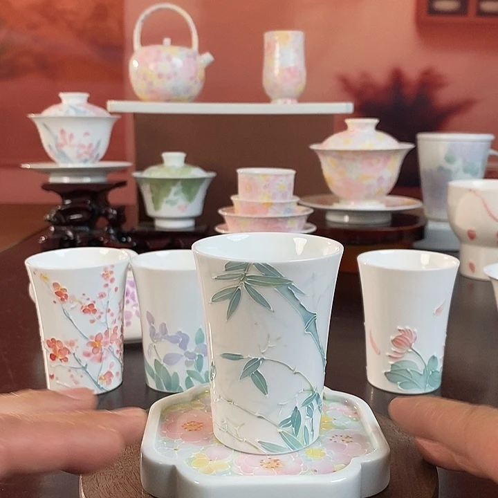 竹子品茗杯手绘釉下高温