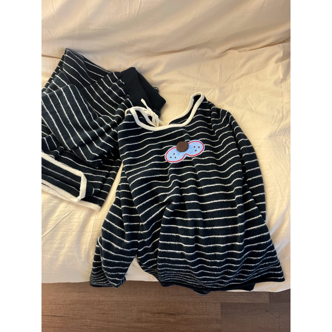 少女酷猫条纹印花睡衣女甜美黑色大码秋冬季显瘦家居服套装可外穿