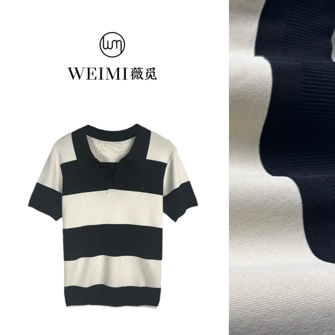 【 003上衣】薇觅女装短袖翻领街头风撞色气质时尚毛衣夏季黑白条纹