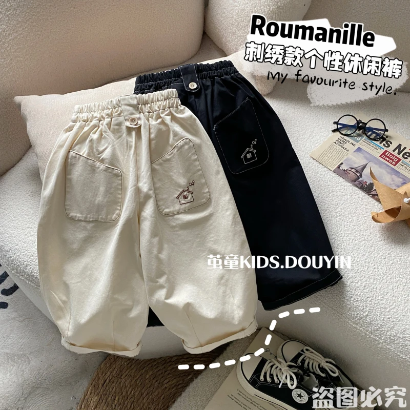 【麦麦妈】C195春秋中小童刺绣款棉布裤春季新品男女宝宝百搭休闲裤