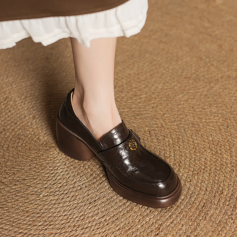 玥小姐增高女鞋8厘米厚底粗跟乐福鞋真皮复古高跟小皮鞋新款单鞋