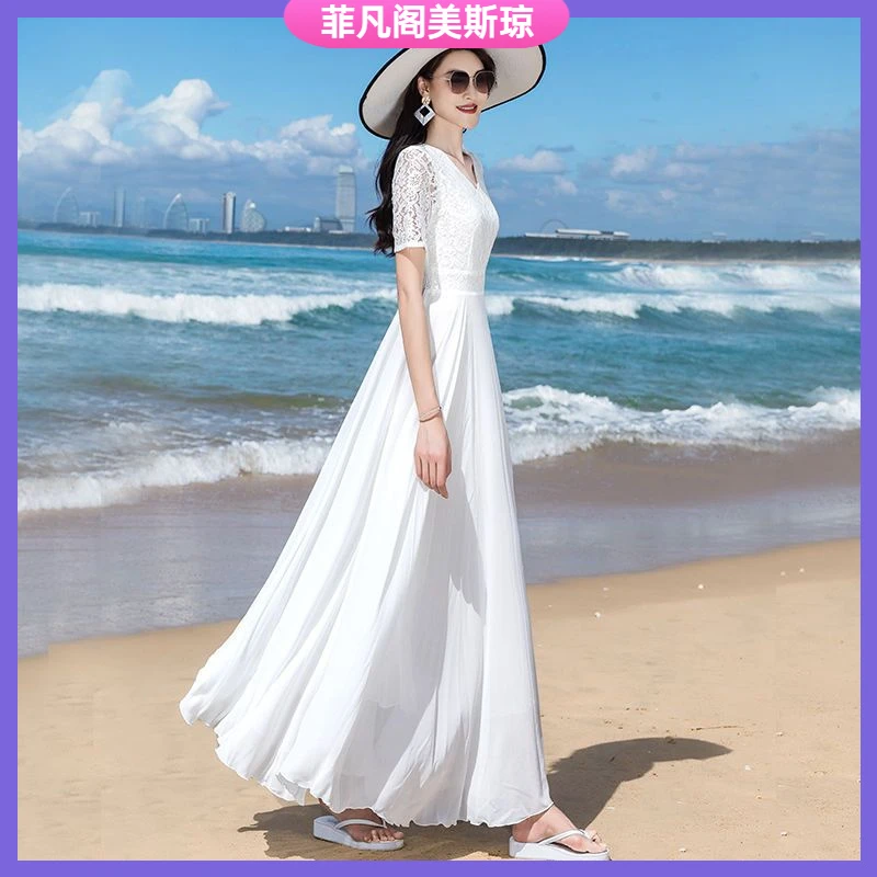 I大摆裙v领连衣裙女夏2024新款拼沙滩裙大码显瘦度假长裙l