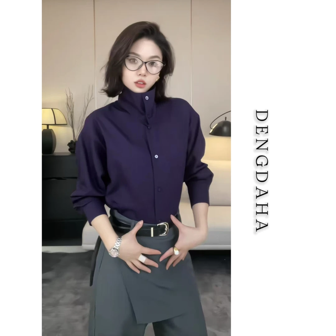 修身衬衫女外穿春秋季设计感长袖百搭休闲翻领衬衣显瘦HBZC641191