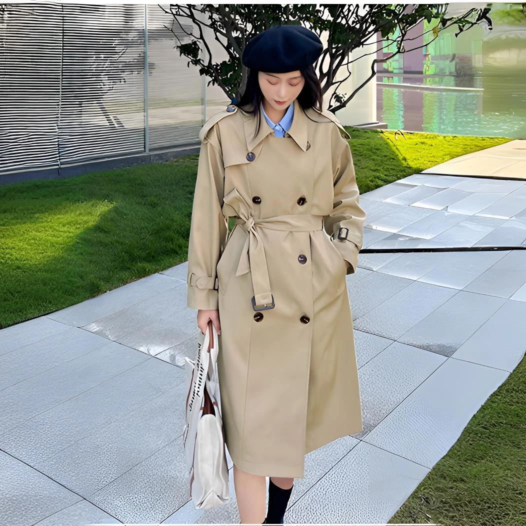 卡其色高级感卡其色风衣外套女春秋季小个子英伦风气质大衣中长款