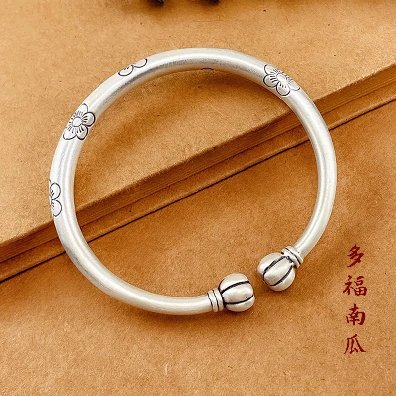 足银手镯 A54南瓜手镯纯银9999实心开口马蹄镯新中式古风银镯子