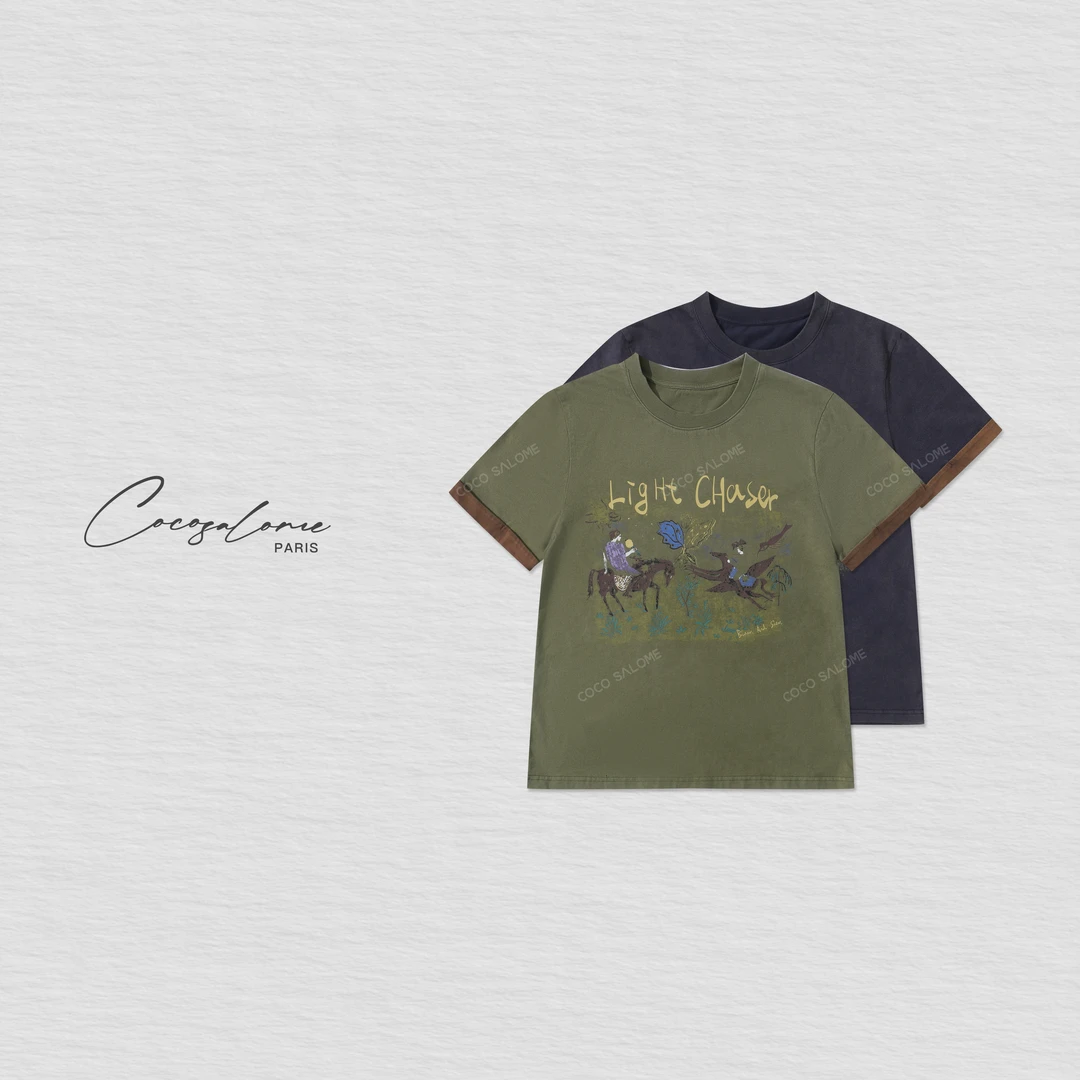 韩彬彬"秋日漫游"初秋出游美式复古减龄显白老钱短袖T恤803W-1