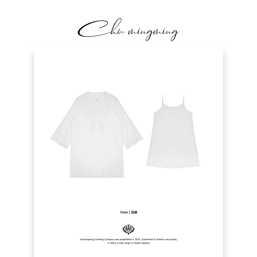 【CHUMINGMING】《鹿溪》亚麻镂空五分袖连衣裙WHC2505