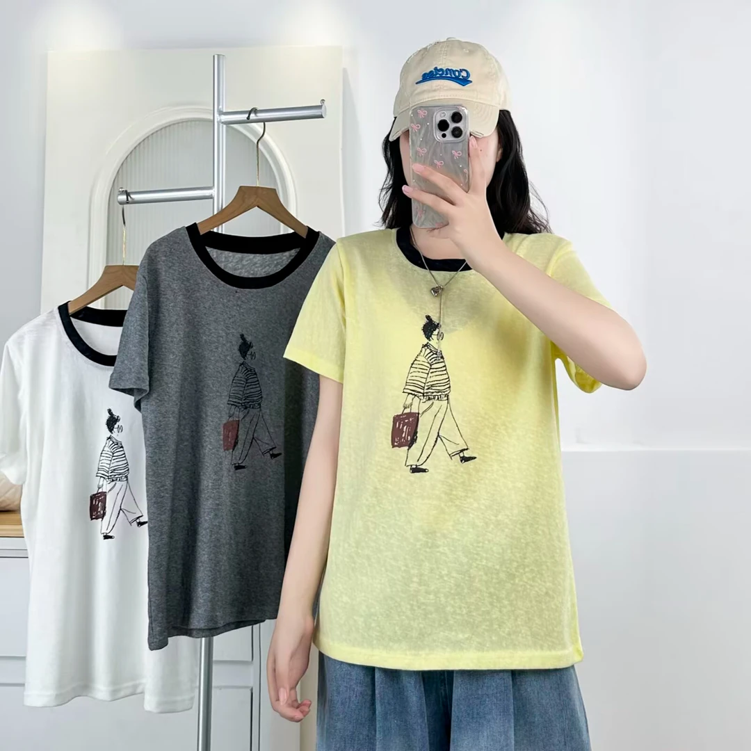 大码胖mm设计感百搭撞色圆领印花短袖T恤女夏季新款上衣休闲遮肚